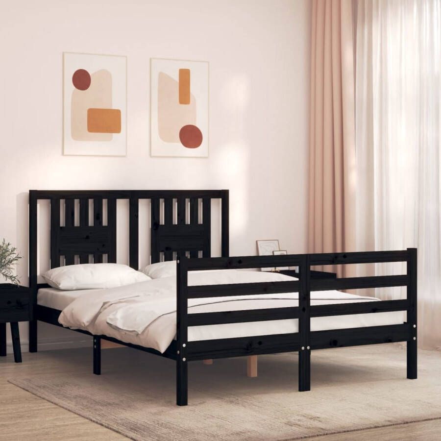 The Living Store Bedframe met hoofdbord massief hout zwart 140x190 cm Bedframe Bedframes Bed Tweepersoonsbed Slaapkamermeubel Houten Bedframe Houten Bed Bedbodem Massief Houten Bedframe Ledikant Bedframe Met Hoofdeinde - Foto 2