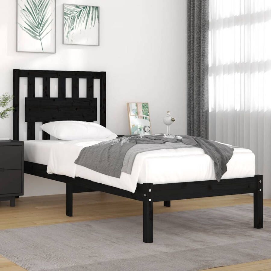 The Living Store Bedframe massief grenenhout zwart 75x190 cm 2FT6 Small Single Bedframe Bedframes Eenpersoonsbed Bed Bedombouw Enkel Bed Frame Bed Frame Ledikant Houten Bedframe Slaapmeubel