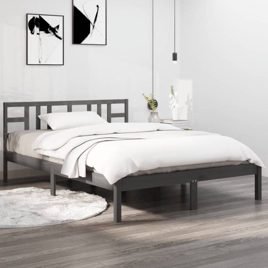 The Living Store Bedframe massief hout grijs 135x190 cm 4FT6 Double Bedframe Bedframes Tweepersoonsbed Bed Bedombouw Dubbel Bed Frame Bed Frame Ledikant Houten Bedframe Tweepersoonsbedden