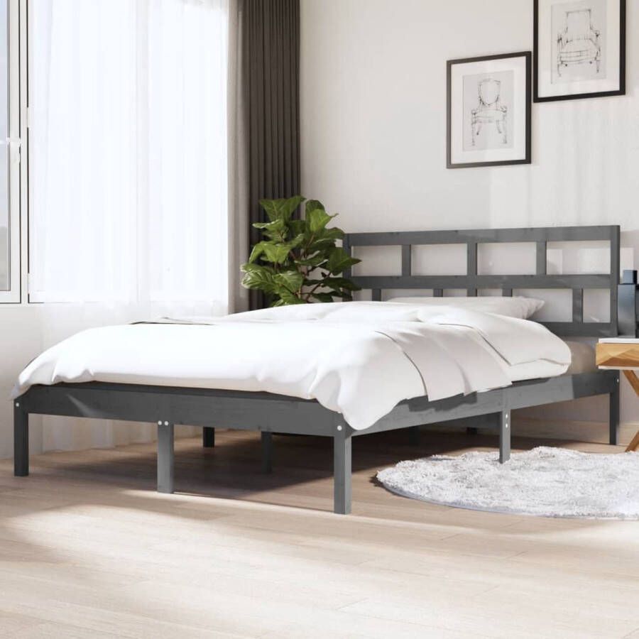 The Living Store Bedframe massief hout grijs 135x190 cm 4FT6 Double Bedframe Bedframes Bed Bedbodem Ledikant Bed Frame Massief Houten Bedframe Slaapmeubel Tweepersoonsbed Bedden Bedbodems