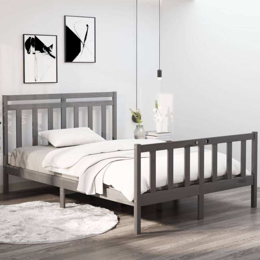 The Living Store Bedframe massief hout grijs 140x190 cm Bedframe Bedframes Tweepersoonsbed Bed Bedombouw Dubbel Bed Frame Bed Frame Ledikant Houten Bedframe Tweepersoonsbedden