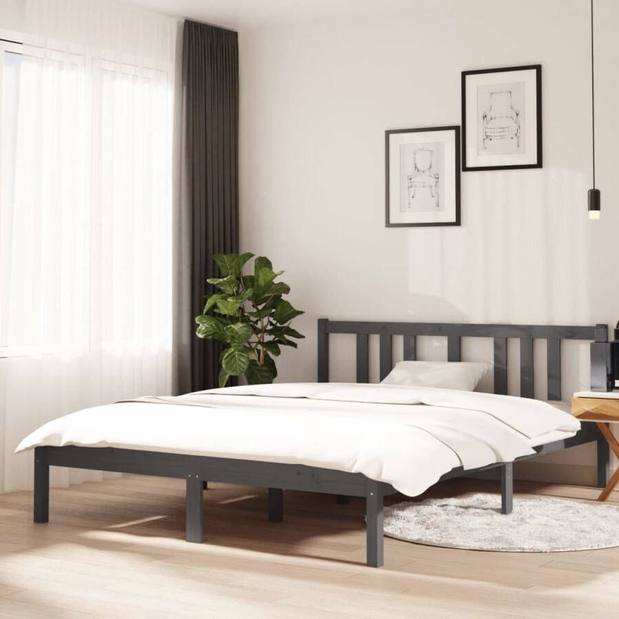 The Living Store Houten Bedframe Grijs 195.5 x 145.5 x 69.5 cm Massief grenenhout Geschikt voor matras 140 x 190 cm Houten Bedframe Massief Grenenhout Bedframe Grijs King Size Bed Tweepersoonsbed