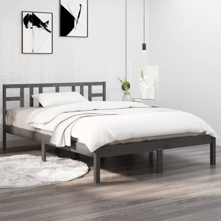 The Living Store Bedframe massief hout grijs 140x200 cm Bedframe Bedframes Tweepersoonsbed Bed Bedombouw Dubbel Bed Frame Bed Frame Ledikant Houten Bedframe Tweepersoonsbedden