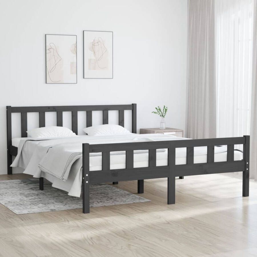 The Living Store Bedframe massief hout grijs 150x200 cm 5FT King Size Bedframe Bedframes Tweepersoonsbed Bed Bedombouw Dubbel Bed Frame Bed Frame Ledikant Houten Bedframe Tweepersoonsbedden