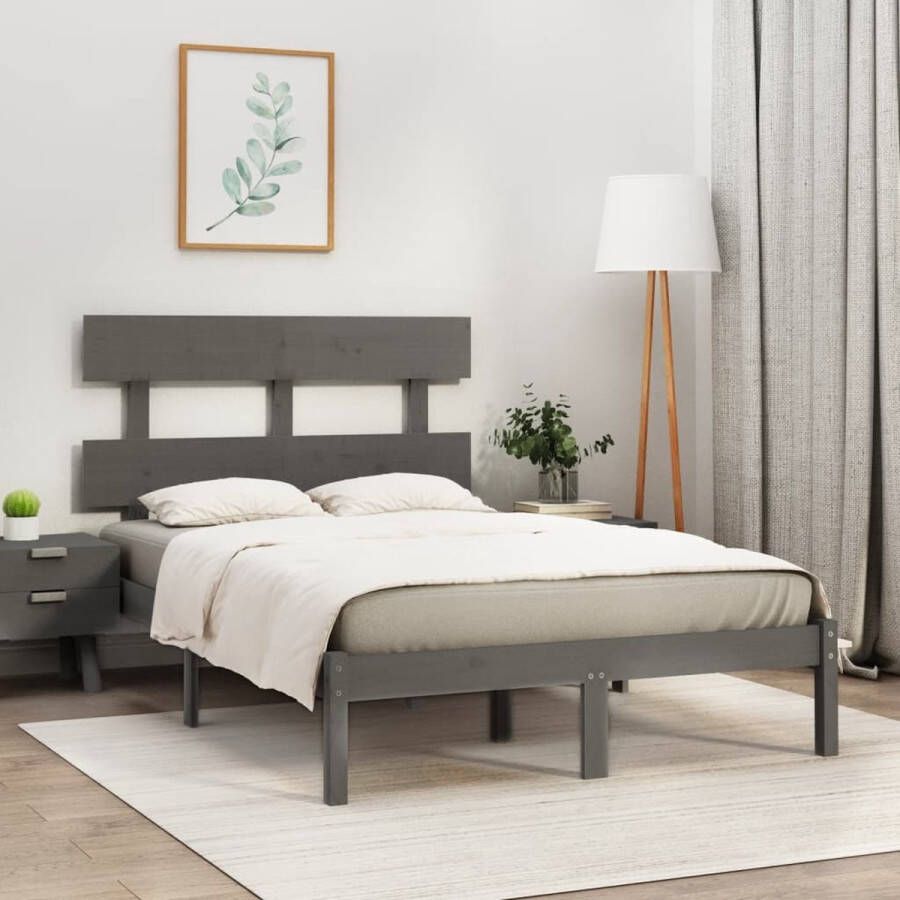 The Living Store Bedframe massief hout grijs 150x200 cm 5FT King Size Bedframe Bedframes Tweepersoonsbed Bed Bedombouw Dubbel Bed Frame Bed Frame Ledikant Bedframe Met Hoofdeinde Tweepersoonsbedden