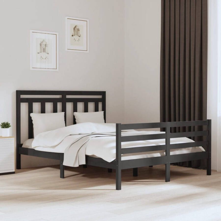 The Living Store Bedframe massief hout grijs 150x200 cm 5FT King Size Bedframe Bedframes Tweepersoonsbed Bed Bedombouw Dubbel Bed Frame Bed Frame Ledikant Houten Bedframe Tweepersoonsbedden