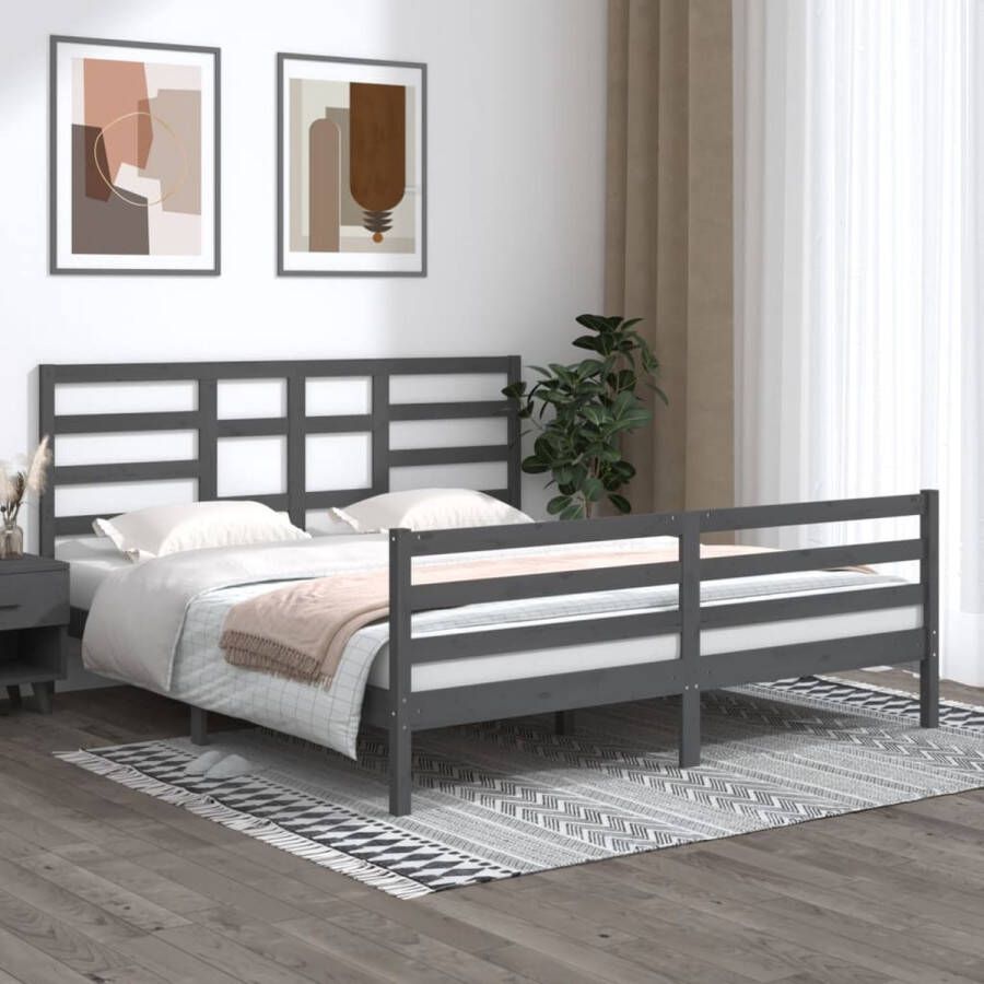 The Living Store Bedframe massief hout grijs 180x200 cm 6FT Super King Bedframe Bedframes Bed Bedbodem Ledikant Bed Frame Massief Houten Bedframe Slaapmeubel Tweepersoonsbed Bedden Bedbodems