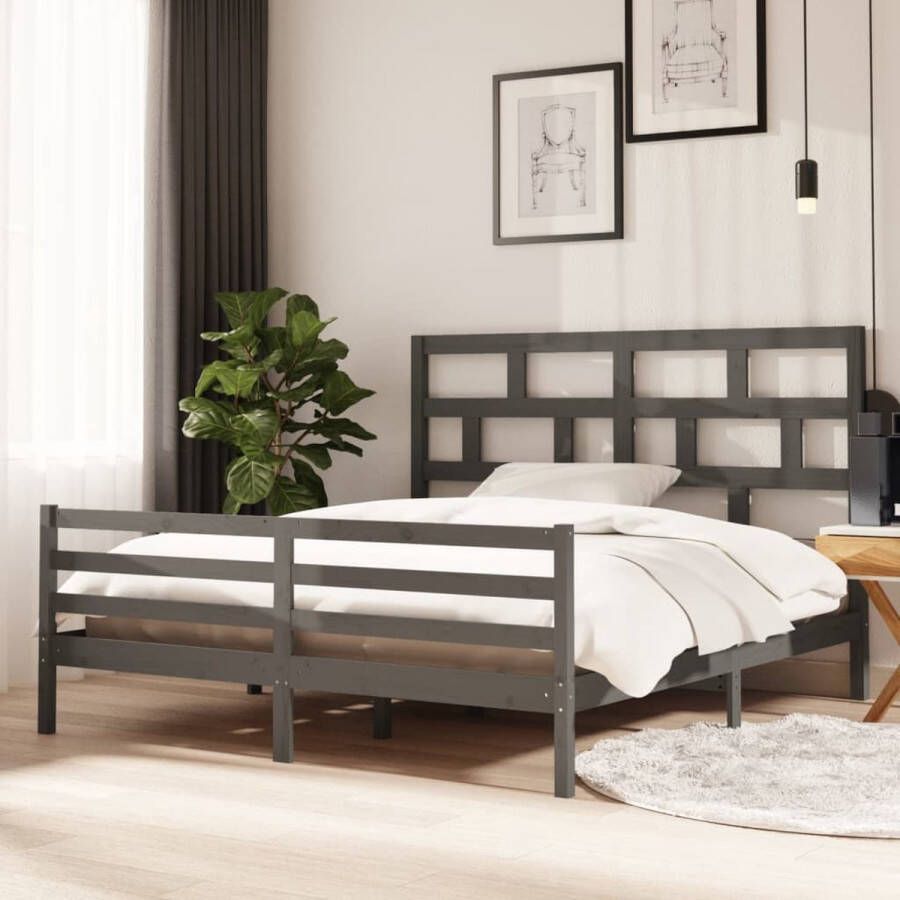 The Living Store Bedframe massief hout grijs 180x200 cm 6FT Super King Bedframe Bedframes Bed Bedbodem Ledikant Bed Frame Massief Houten Bedframe Slaapmeubel Tweepersoonsbed Bedden Bedbodems