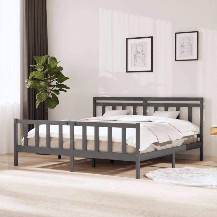 The Living Store Bedframe massief hout grijs 200x200 cm Bedframe Bedframes Tweepersoonsbed Bed Bedombouw Dubbel Bed Frame Bed Frame Ledikant Bedframe Met Hoofdeinde Tweepersoonsbedden - Foto 1