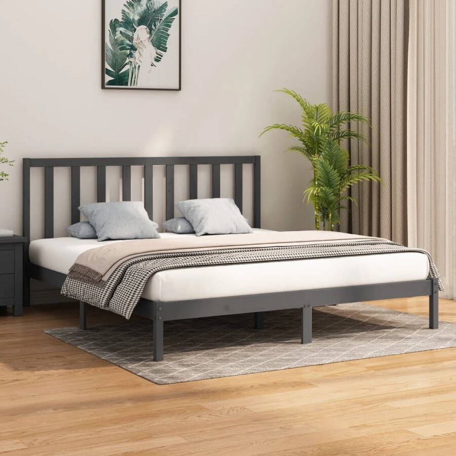 The Living Store Bedframe massief hout grijs 200x200 cm Bedframe Bedframes Tweepersoonsbed Bed Bedombouw Dubbel Bed Frame Bed Frame Ledikant Bedframe Met Hoofdeinde Tweepersoonsbedden