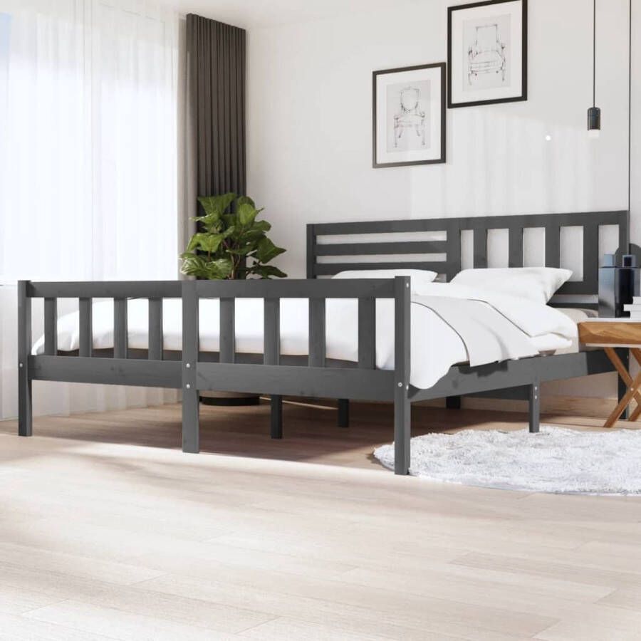 The Living Store Bedframe massief hout grijs 200x200 cm Bedframe Bedframes Tweepersoonsbed Bed Bedombouw Dubbel Bed Frame Bed Frame Ledikant Bedframe Met Hoofdeinde Tweepersoonsbedden