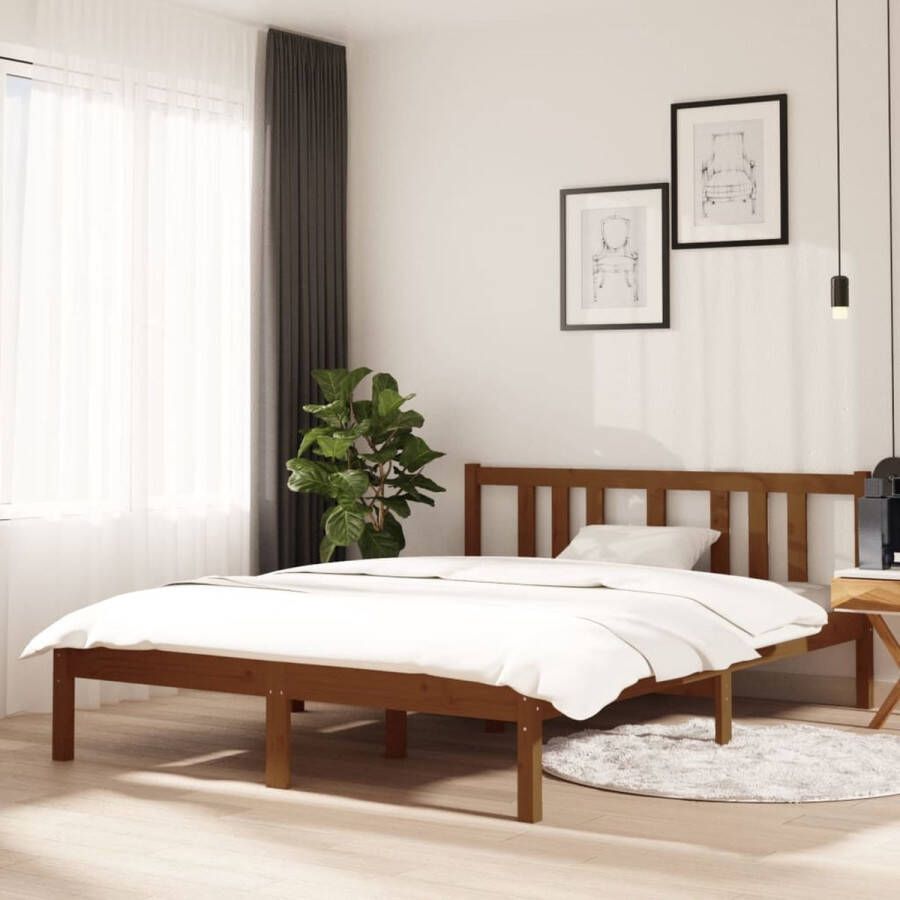 The Living Store Houten Bedframe Double Honingbruin Massief Grenenhout Houten Bedframe Massief Grenenhout Dubbel Bed Honigbruin Bedsteun