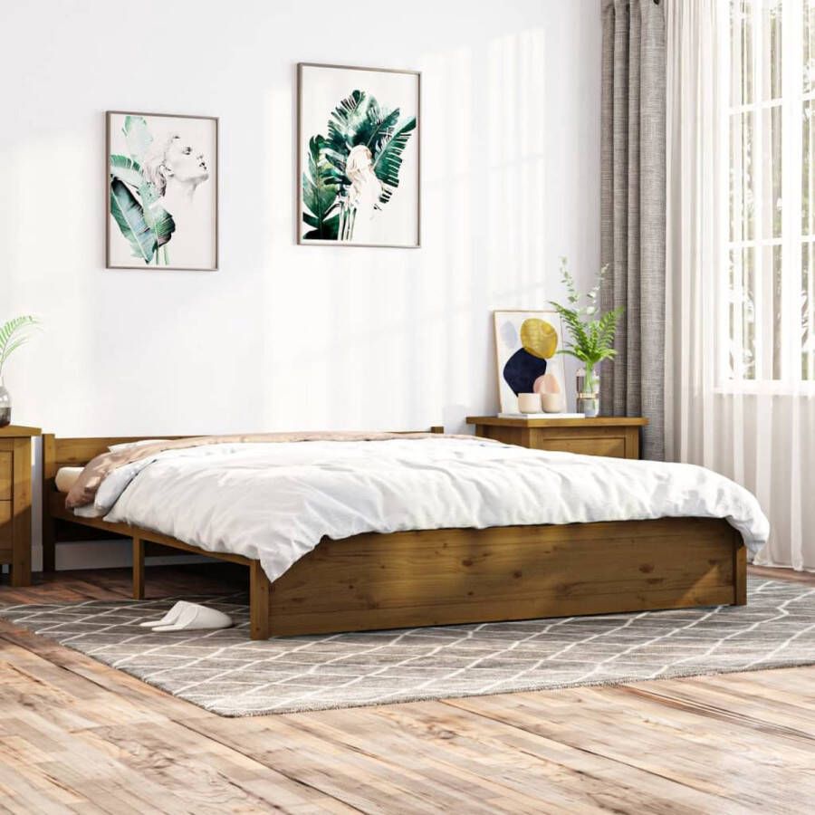 The Living Store Bedframe Houten Honingbruin 205.5 x 205.5 x 51 cm Massief Grenenhout Multiplex Lattenbodem Houten Bedframe Tweepersoons Bed Massief Grenenhout Honingbruin Bed Modern Bed