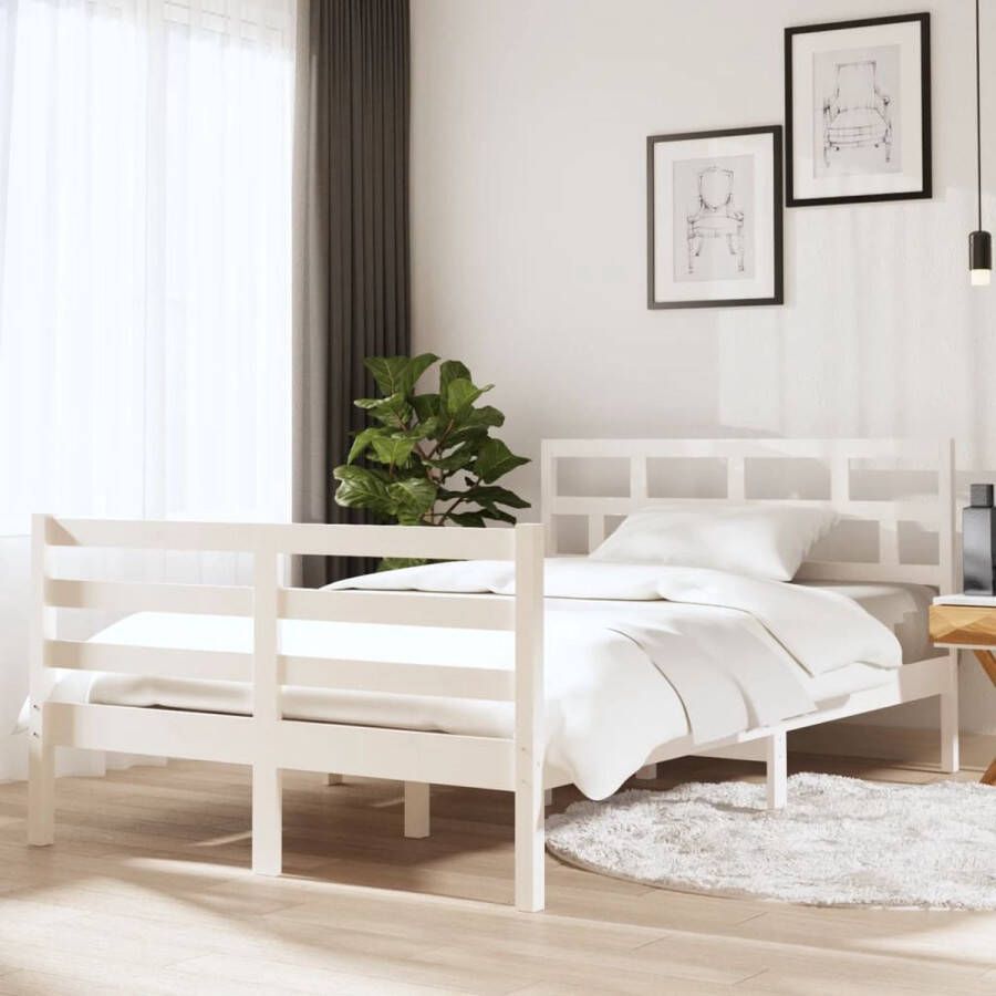 The Living Store Houten Bedframe 195.5 x 141 x 100 cm Massief grenenhout Multiplex lattenbodem Houten Bed Frame Bed Frame Wit Tweepersoons Bed Frame Massief Hout Bed Frame Grenenhout Bed Frame