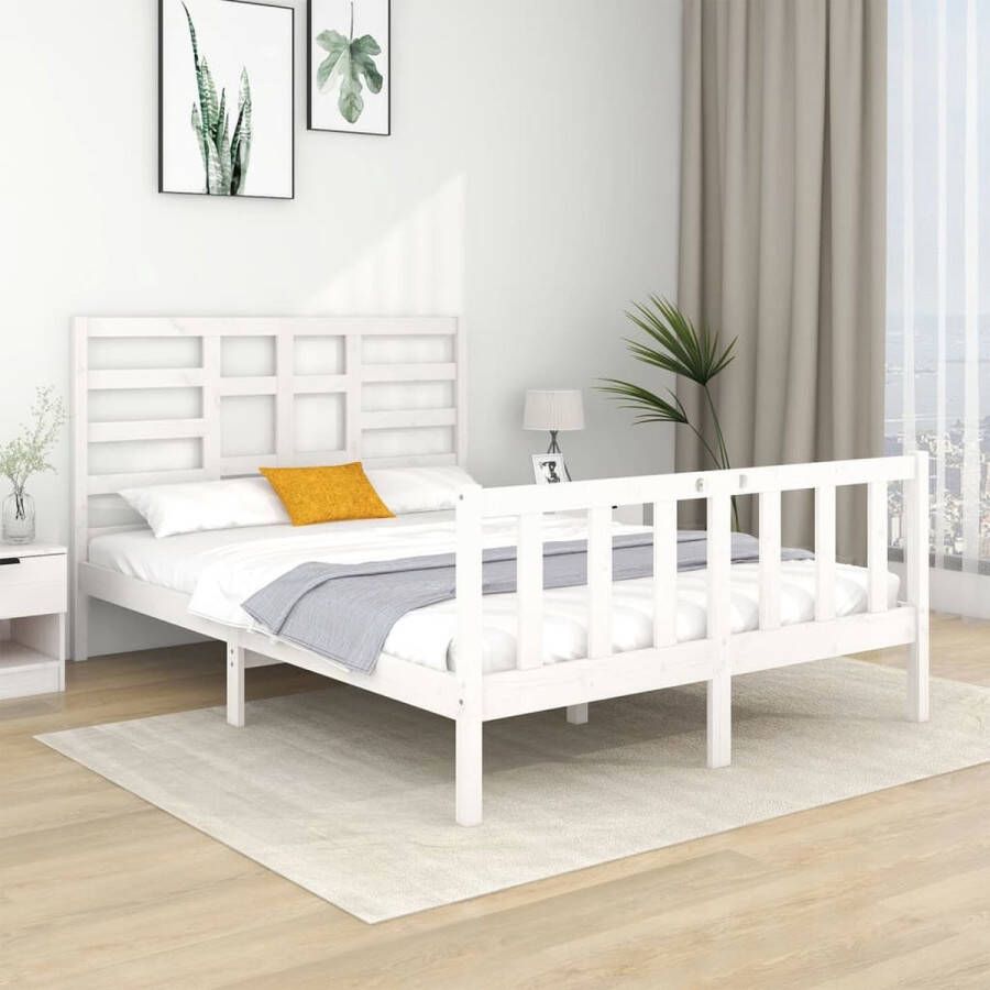 The Living Store Bedframe massief hout wit 135x190 cm 4FT6 Double Bedframe Bedframes Bed Bedbodem Ledikant Bed Frame Massief Houten Bedframe Slaapmeubel Tweepersoonsbed Bedden Bedbodems - Foto 2