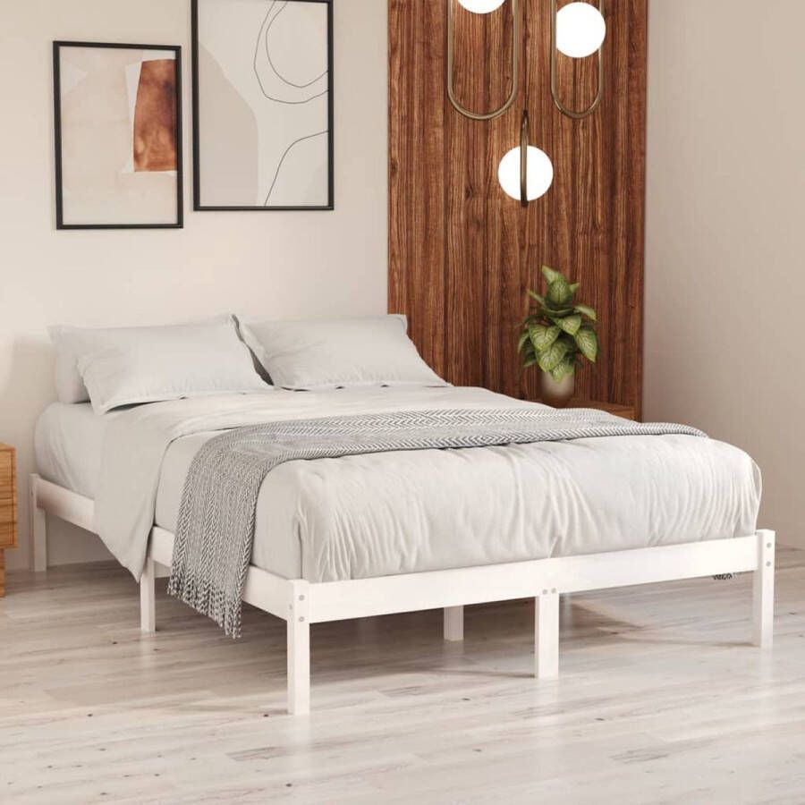 The Living Store Houten Bedframe Dubbel Wit 195.5 x 140.5 x 31 cm Geschikt voor 135 x 190 cm Matras Massief Grenenhout Montage vereist