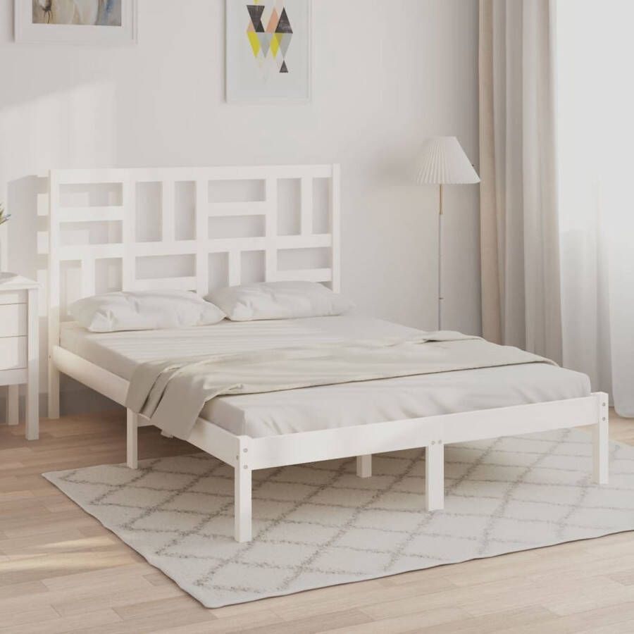 The Living Store Bedframe massief hout wit 140x190 cm Bedframe Bedframes Bed Bedbodem Ledikant Bed Frame Massief Houten Bedframe Slaapmeubel Tweepersoonsbed Bedden Bedbodems