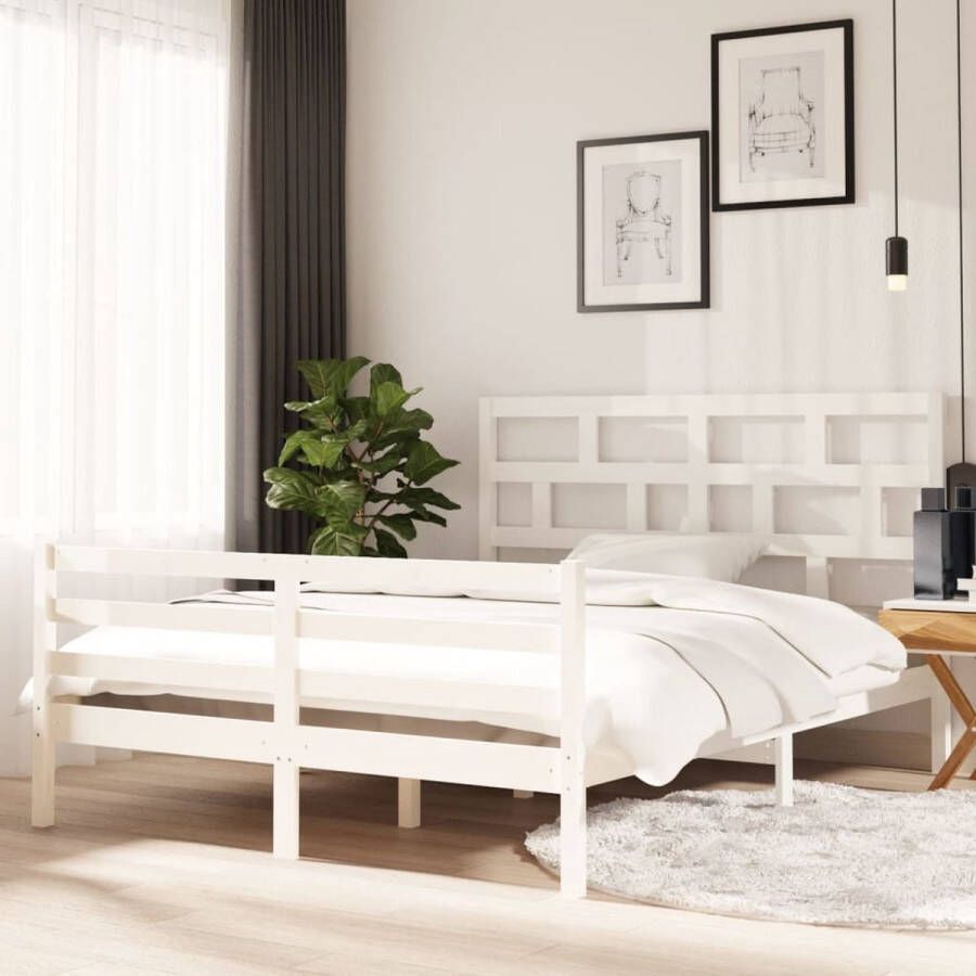 The Living Store Houten Bedframe Wit 205.5 x 156 x 100 cm Massief grenenhout Inclusief hoofdeind en voeteneind Houten Bed Frame Massief Grenenhout King Size Bed Frame Wit Modern Bed Frame
