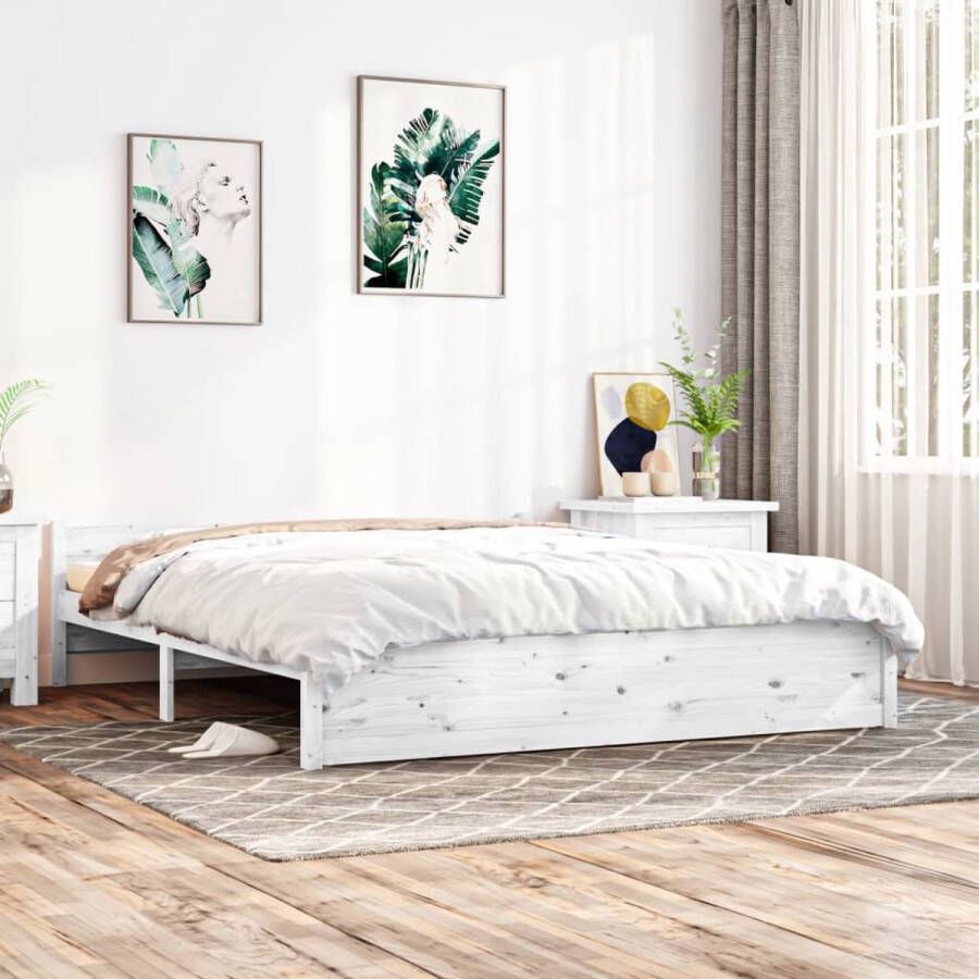 The Living Store Bedframe Grenenhout Wit 205.5 x 205.5 x 51 cm Geschikt voor 200 x 200 cm matras Montage vereist Houten Bedframe Tweepersoons Bed Modern Bed Witte Bed Grenenhout Bed