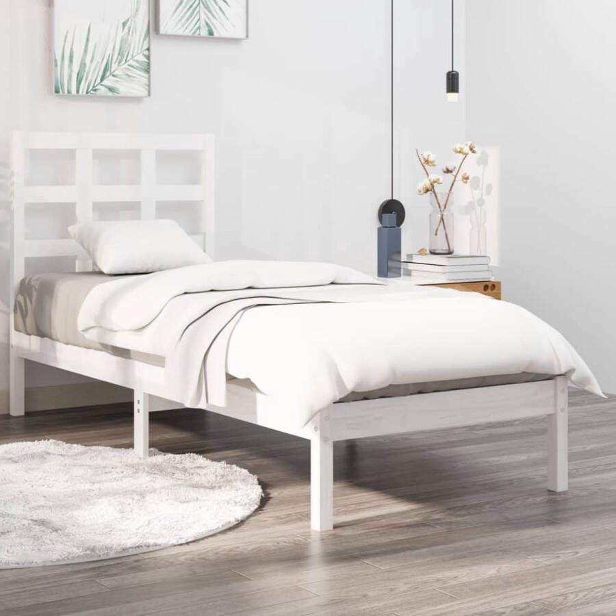 The Living Store Bedframe Grenenhout Wit 205.5 x 95.5 x 31 cm Inclusief Hoofdeinde Geschikt voor 90 x 200 cm Matras Montage Vereist Bedframe Grenenhouten Bed Witte Bed Boxspring Bed Hoofddekend Bed