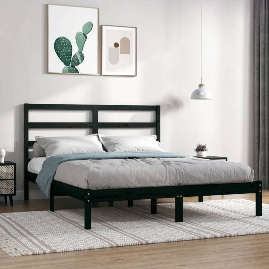 The Living Store Bedframe massief hout zwart 150x200 cm 5FT King Size Bed