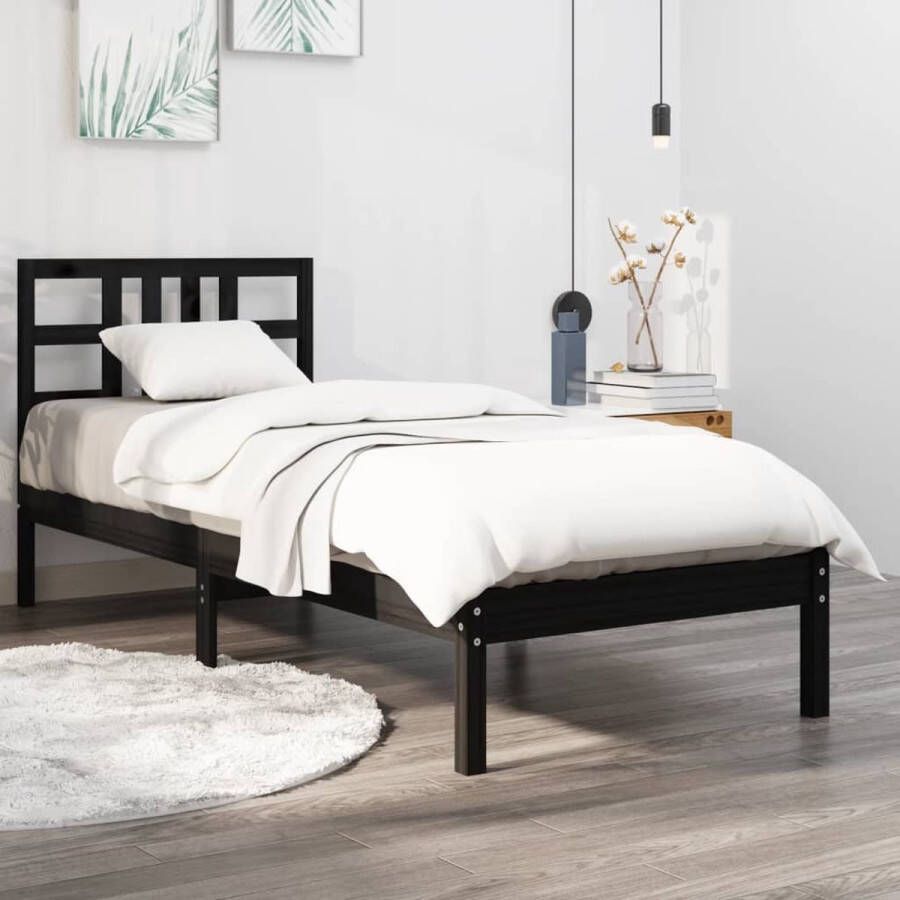 The Living Store Bedframe Grenenhout Zwart 195.5 x 80.5 x 31 cm Multiplex lattenbodem Geschikt voor 75 x 190 cm matras Montage vereist Massief Hout Bed Frame Zwarte Bedpost Slaapcomfort Enkel Bed Klein Tweepersoonsbed
