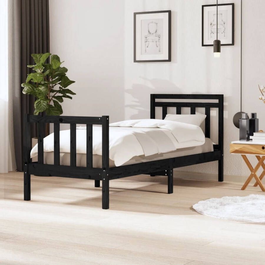 The Living Store Bedframe Zwart 205.5 x 96 x 100 cm (L x B x H) Geschikte matras- 90 x 200 cm (B x L) Massief grenenhout Bedframe Massief Grenenhout Zwart Bedframe King Size Bed Tweepersoonsbed