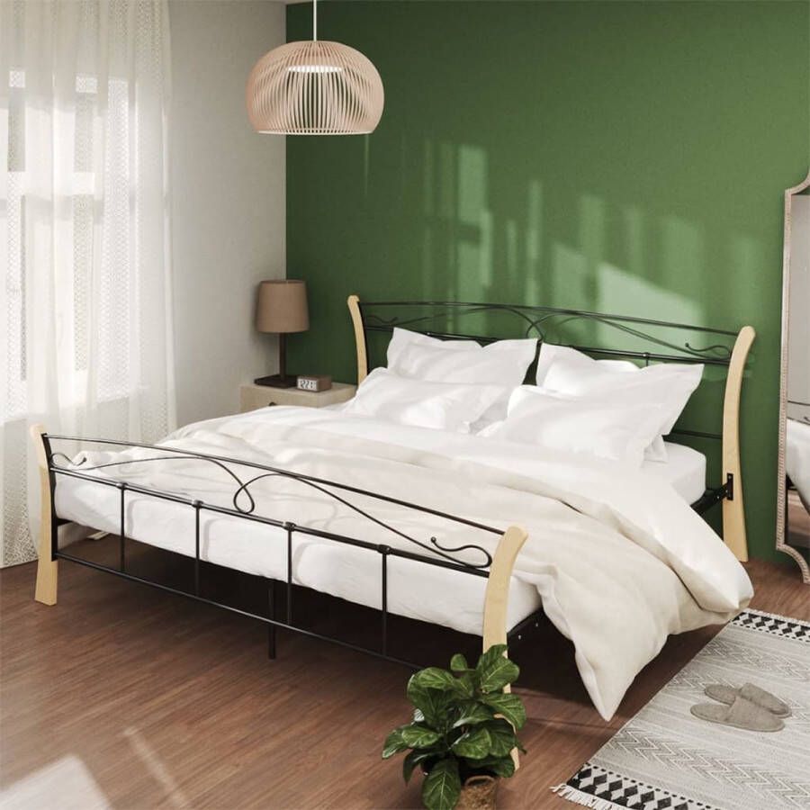 The Living Store Bedframe Massief metalen en eikenhouten constructie Tweepersoons 206 x 200 x 100 cm Zwart en lichthout Metalen Bed Frame Tweepersoons Bed Zwarte Bed Houten Bed Frame Slaapcomfort