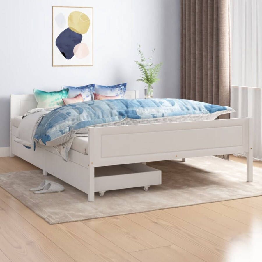 The Living Store Bedframe met 2 lades massief grenenhout wit 140x200 cm Bed