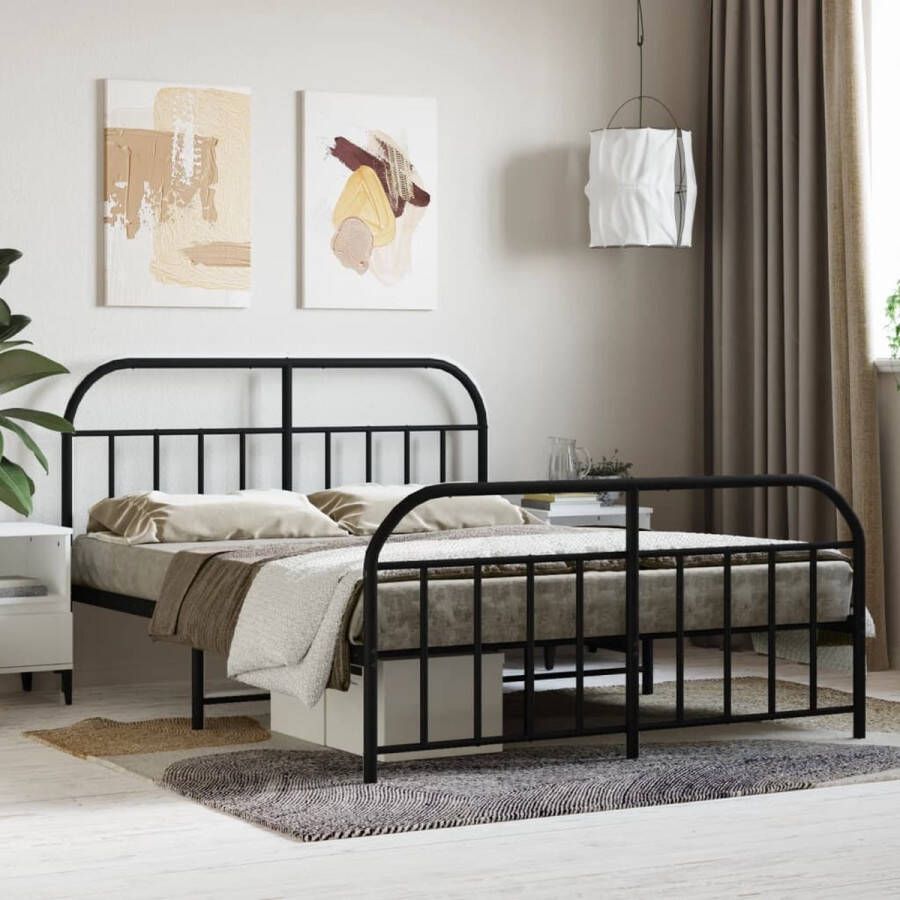 The Living Store Bedframe met hoofd- en voeteneinde metaal zwart 135x190 cm Bed