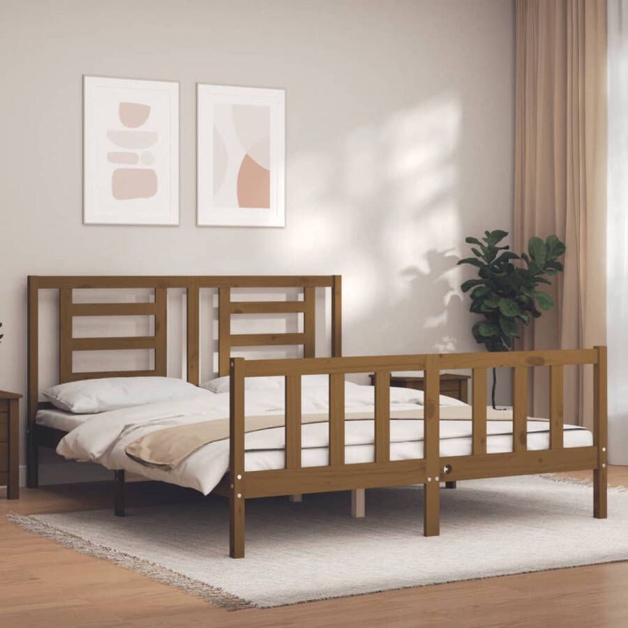 The Living Store Bedframe met hoofdbord hout honingbruin 160x200 cm Bedframe Bedframes Bed Tweepersoonsbed Slaapkamermeubel Houten Bedframe Houten Bed Bedbodem Massief Houten Bedframe Ledikant Bedframe Met Hoofdeinde