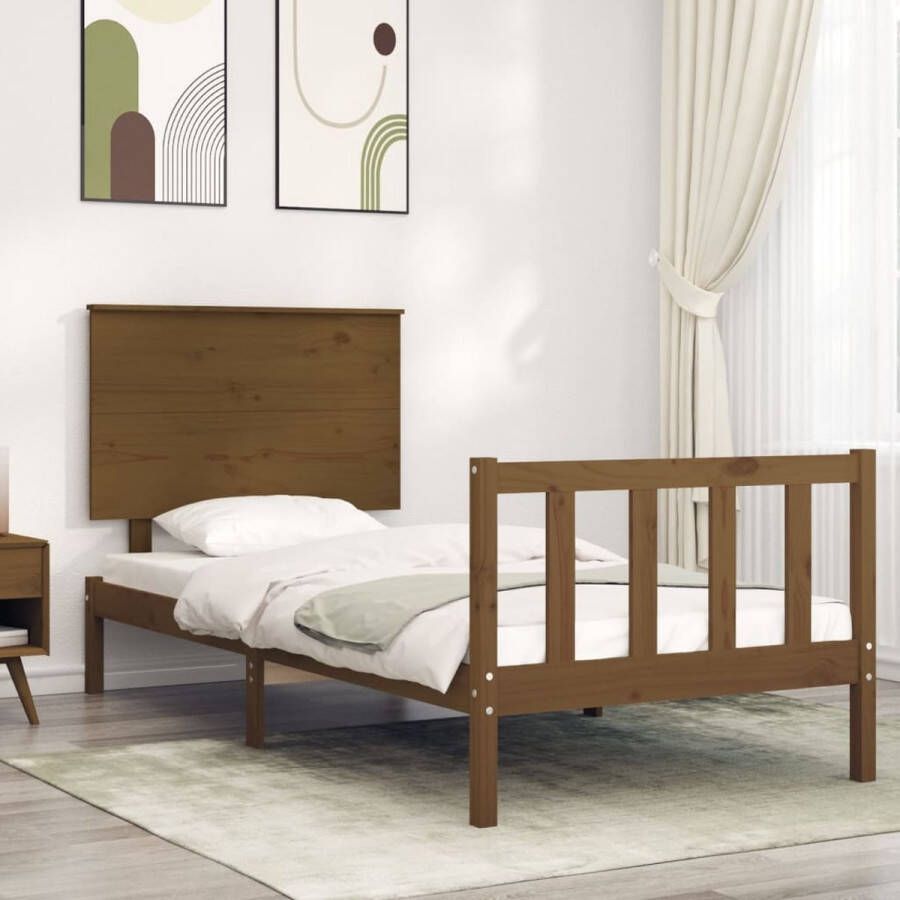 The Living Store Bedframe met hoofdbord hout honingbruin 2FT6 Small Single Bed