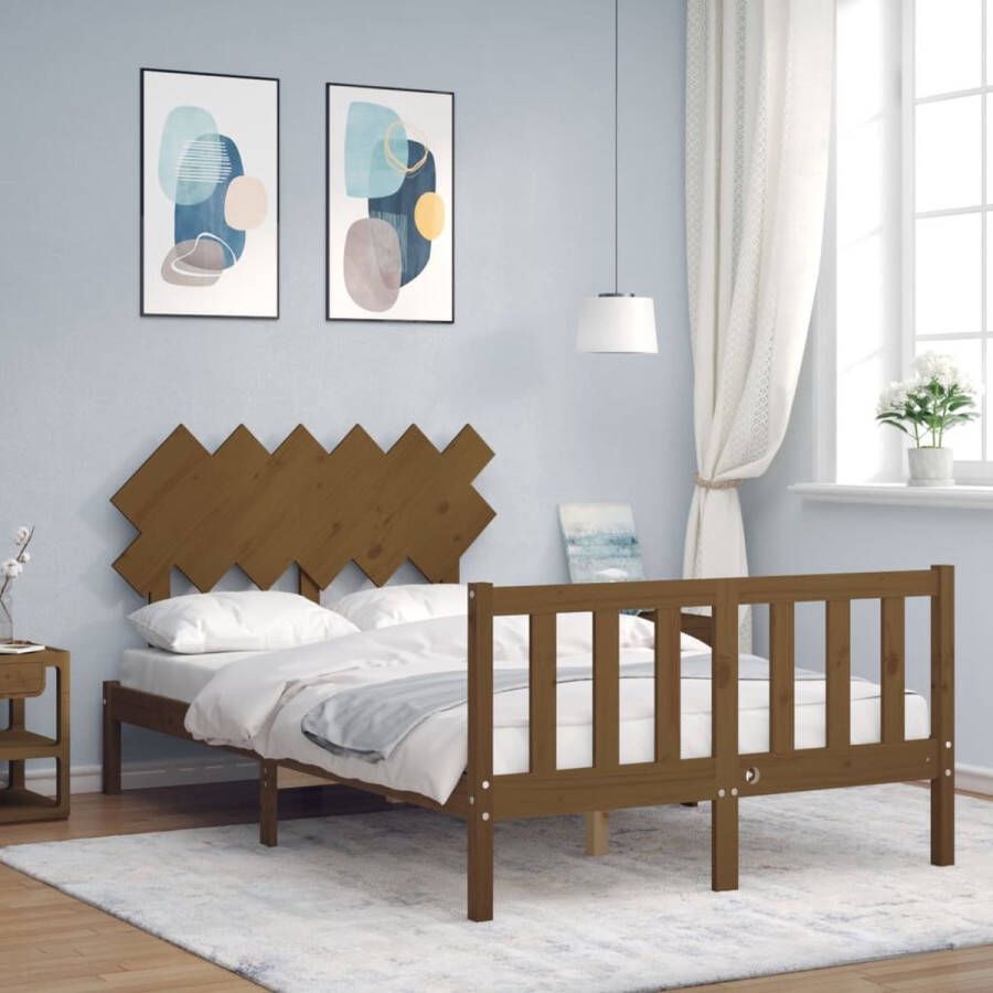 The Living Store Bedframe met hoofdbord hout honingbruin 4FT Small Double Bedframe Bedframes Bed Tweepersoonsbed Slaapkamermeubel Houten Bedframe Houten Bed Bedbodem Massief Houten Bedframe Ledikant Bedframe Met Hoofdeinde