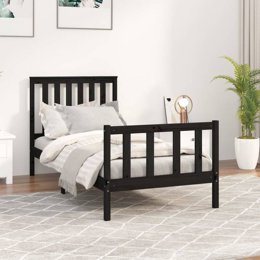 The Living Store Bedframe met hoofdbord massief grenenhout zwart 100x200 cm Bedframe Bedframes Eenpersoonsbed Bed Bedombouw Enkel Bed Frame Bed Frame Ledikant Houten Bedframe Slaapmeubel