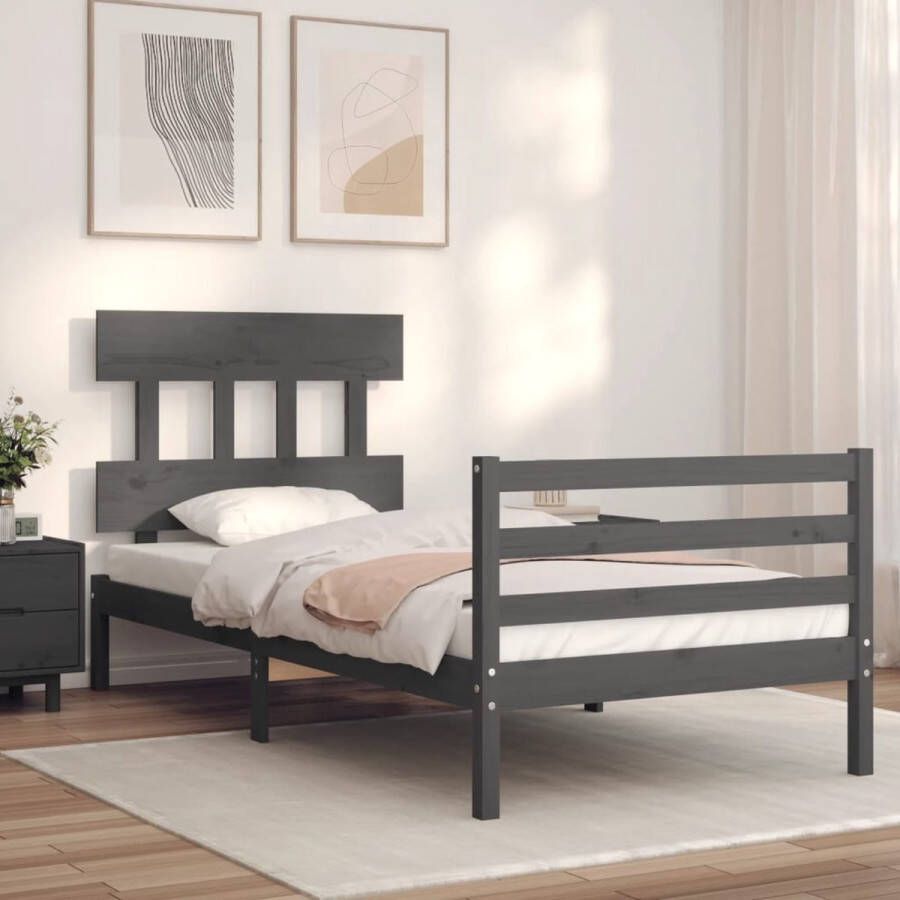 The Living Store Bedframe met hoofdbord massief hout grijs 100x200 cm Bed