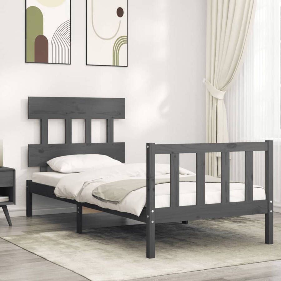 The Living Store Bedframe met hoofdbord massief hout grijs 100x200 cm Bed