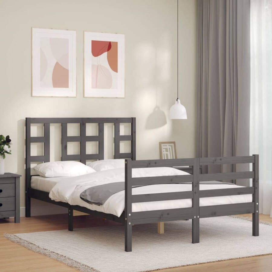 The Living Store Bedframe met hoofdbord massief hout grijs 120x200 cm Bedframe Bedframes Bed Tweepersoonsbed Slaapkamermeubel Houten Bedframe Houten Bed Bedbodem Massief Houten Bedframe Ledikant Bedframe Met Hoofdeinde