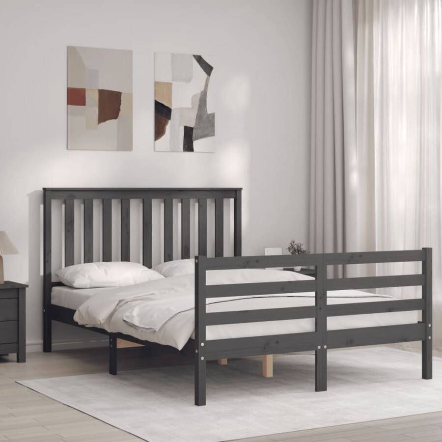 The Living Store Bedframe met hoofdbord massief hout grijs 120x200 cm Bed