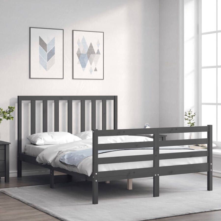 The Living Store Bedframe met hoofdbord massief hout grijs 140x190 cm Bedframe Bedframes Bed Tweepersoonsbed Slaapkamermeubel Houten Bedframe Houten Bed Bedbodem Massief Houten Bedframe Ledikant Bedframe Met Hoofdeinde