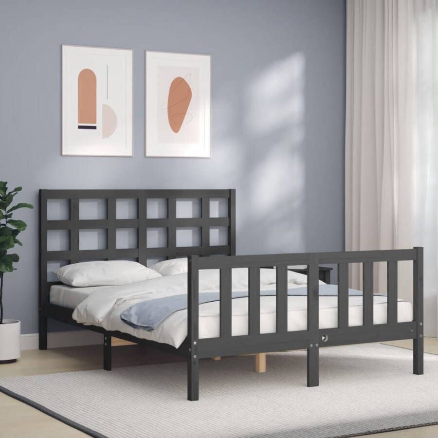 The Living Store Bedframe met hoofdbord massief hout grijs 140x190 cm Bedframe Bedframes Bed Tweepersoonsbed Slaapkamermeubel Houten Bedframe Houten Bed Bedbodem Massief Houten Bedframe Ledikant Bedframe Met Hoofdeinde - Foto 3