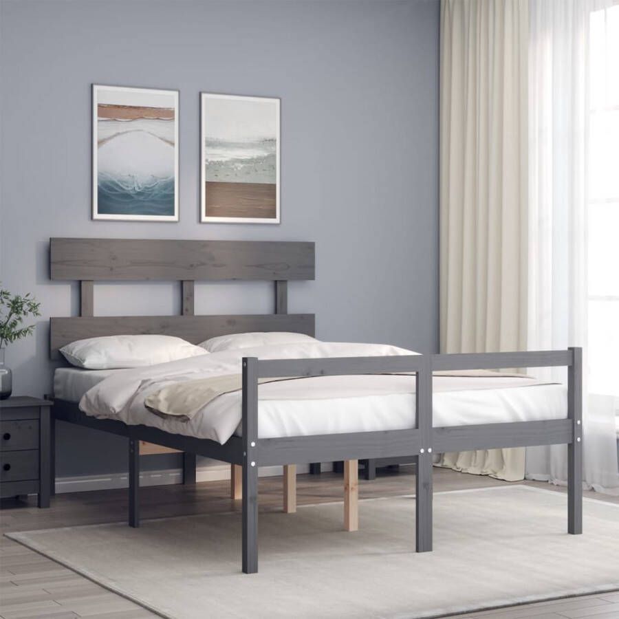 The Living Store Bedframe met hoofdbord massief hout grijs 140x190 cm Bedframe Bedframes Bed Tweepersoonsbed Slaapkamermeubel Houten Bedframe Houten Bed Bedbodem Massief Houten Bedframe Ledikant Bedframe Met Hoofdeinde