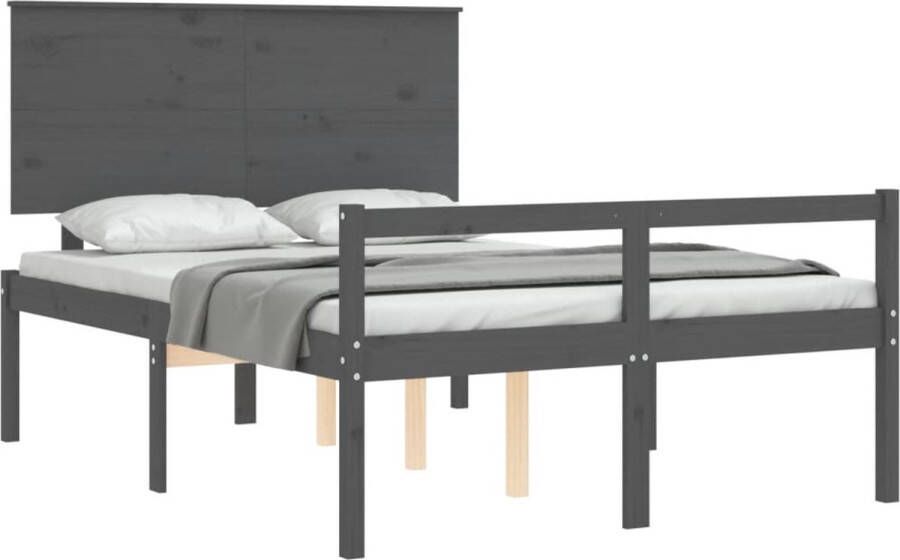 The Living Store Bedframe met hoofdbord massief hout grijs 140x190 cm Bedframe Bedframes Bed Tweepersoonsbed Slaapkamermeubel Houten Bedframe Houten Bed Bedbodem Massief Houten Bedframe Ledikant Bedframe Met Hoofdeinde - Foto 2