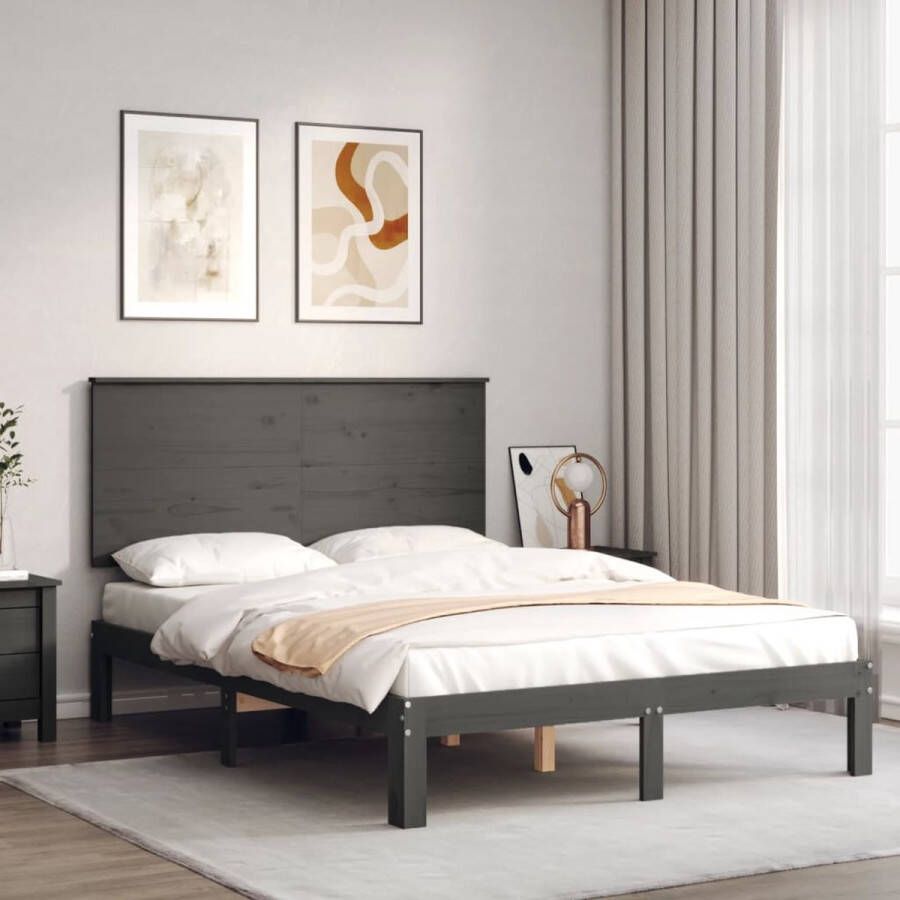 The Living Store Bedframe met hoofdbord massief hout grijs 140x200 cm Bed