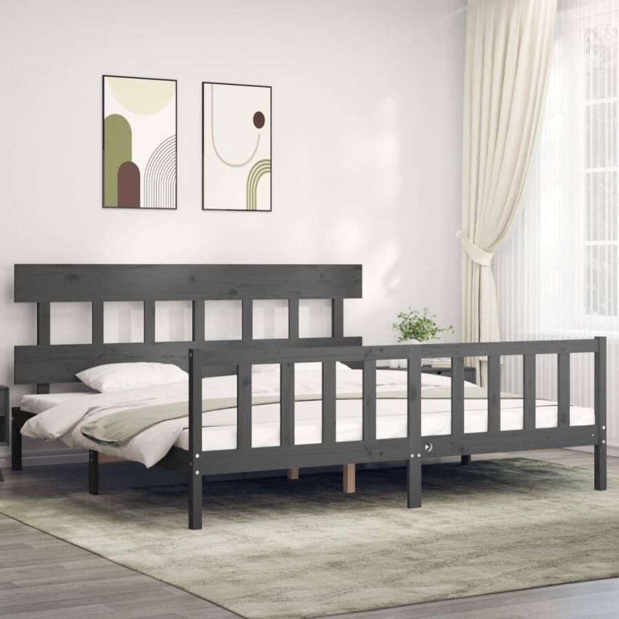 The Living Store Bedframe met hoofdbord massief hout grijs 200x200 cm Bedframe Bedframes Bed Tweepersoonsbed Slaapkamermeubel Houten Bedframe Houten Bed Bedbodem Massief Houten Bedframe Ledikant Bedframe Met Hoofdeinde