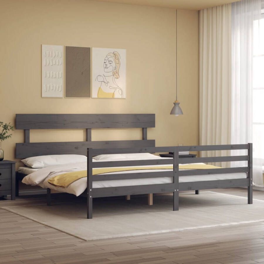 The Living Store Bedframe met hoofdbord massief hout grijs 200x200 cm Bedframe Bedframes Bed Tweepersoonsbed Slaapkamermeubel Houten Bedframe Houten Bed Bedbodem Massief Houten Bedframe Ledikant Bedframe Met Hoofdeinde