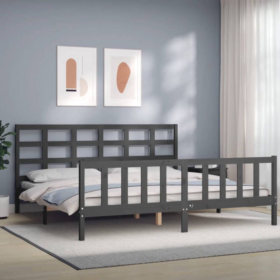 The Living Store Massief grenenhouten bedframe grijs 205.5 x 205.5 x 100 cm multiplex lattenbodem functioneel hoofd- en voeteneinde matras niet inbegrepen Massief Hout Bed Grenenhout Bed Grijs Bed Tweepersoons Bed Boxspring Frame
