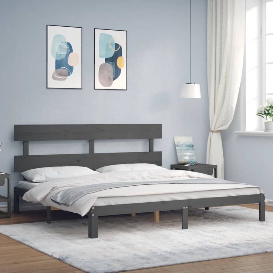 The Living Store Bedframe met hoofdbord massief hout grijs 200x200 cm Bed