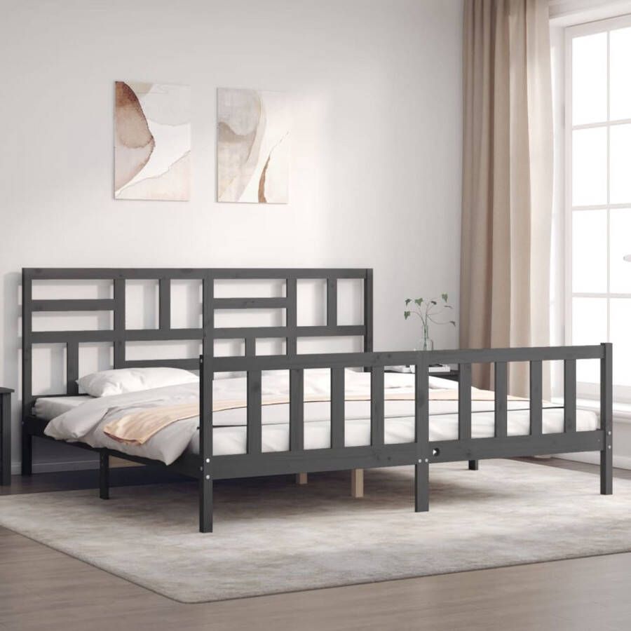 The Living Store Bedframe met hoofdbord massief hout grijs 200x200 cm Bedframe Bedframes Bed Tweepersoonsbed Slaapkamermeubel Houten Bedframe Houten Bed Bedbodem Massief Houten Bedframe Ledikant Bedframe Met Hoofdeinde - Foto 1