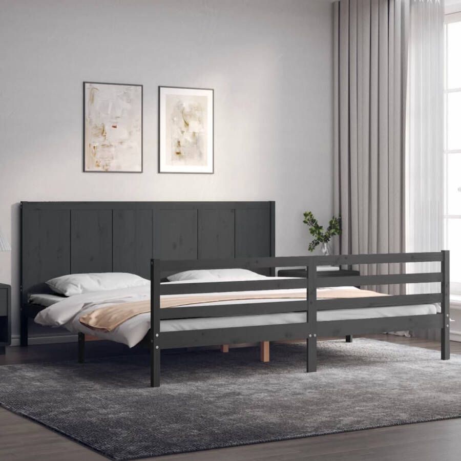 The Living Store Bedframe met hoofdbord massief hout grijs 200x200 cm Bedframe Bedframes Bed Tweepersoonsbed Slaapkamermeubel Houten Bedframe Houten Bed Bedbodem Massief Houten Bedframe Ledikant Bedframe Met Hoofdeinde - Foto 2