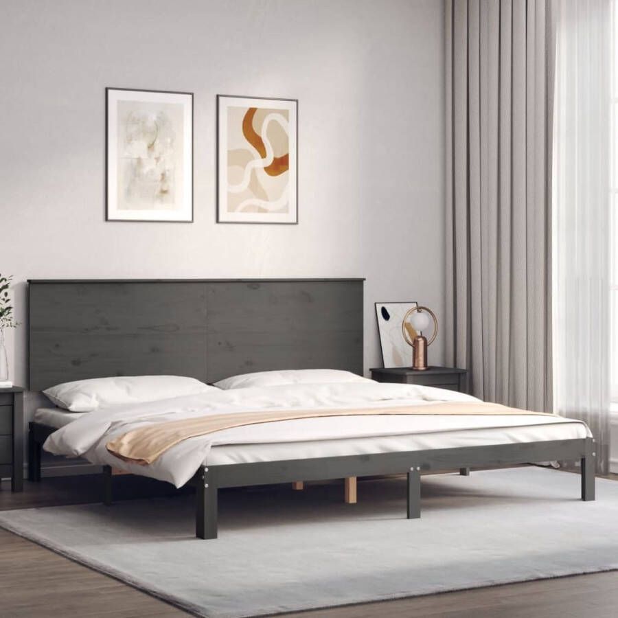 The Living Store Bedframe met hoofdbord massief hout grijs 200x200 cm Bed